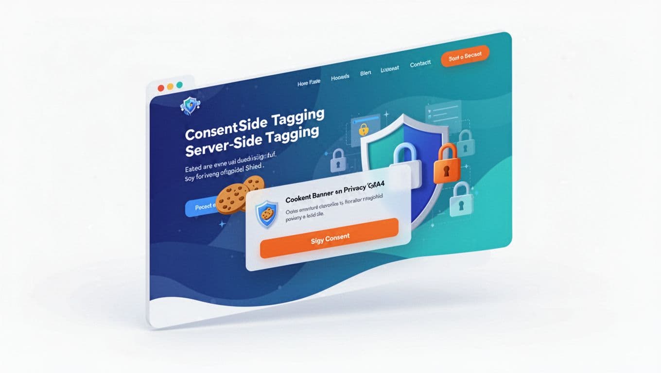 Minimalist flat subtle 3D illustration of a website mockup at an angle, featuring a cookie consent banner and privacy shield for GA4 on a lead gen site with server-side tagging motifs and lock icons. High contrast blues, teals, and orange accents on white gradient background, landscape orientation with content edge-to-edge.