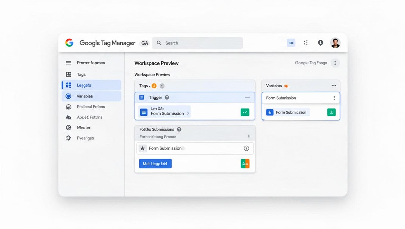 Technical illustration of Google Tag Manager interface configuring GA4 tags for lead forms, showing workspace preview with tags, triggers, and variables for form submissions in minimalist flat subtle 3D style with soft gradients on white background.