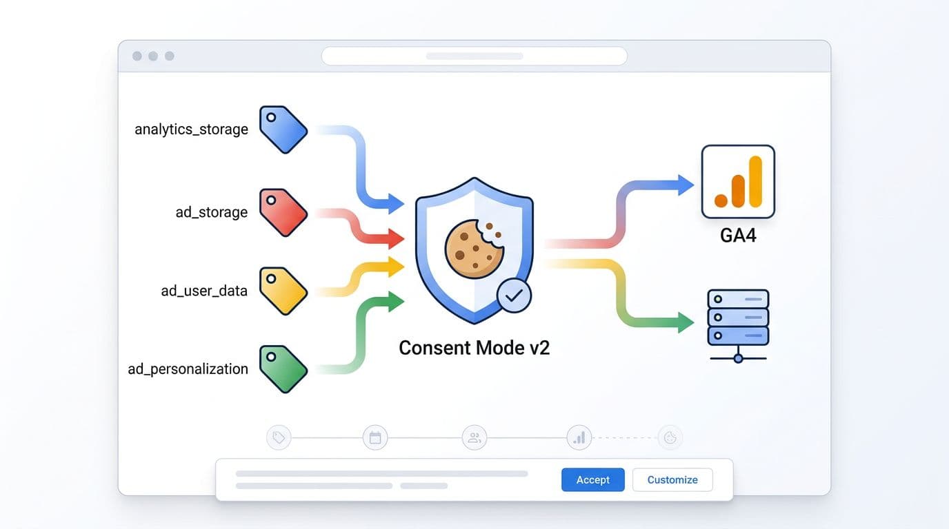Clean, modern landscape hero illustration for a 2026 technical guide, featuring a central shield with cookie icon, consent signals (analytics_storage, ad_storage, ad_user_data, ad_personalization) flowing via arrows to GA4 chart and Ads server icons, with a bottom consent banner in flat-isometric hybrid style.