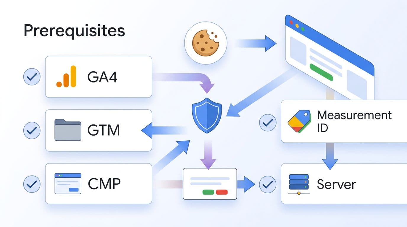 Clean, modern landscape hero illustration for the prerequisites section of a Google Consent Mode v2 setup guide for GA4, featuring checklist icons with checkmarks for GA4 property, GTM container, CMP banner, Measurement ID tag, and server, connected by data flow arrows with shield and cookie icons in a flat-isometric hybrid style.