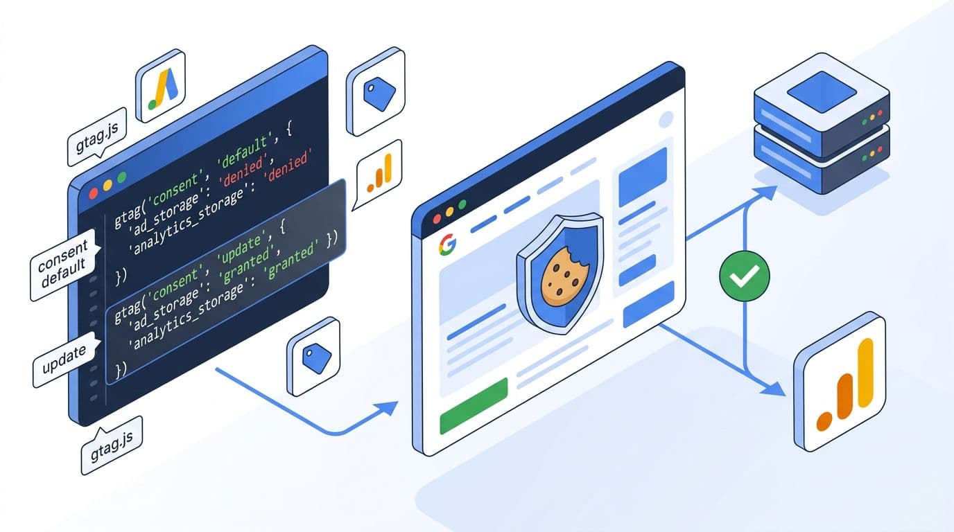Clean, modern landscape hero illustration for gtag implementation in Google Consent Mode v2 setup for GA4, showing code snippets for consent default and update, GA4 config tag, arrows to browser and server, shield-protected cookie, checkmark, in flat isometric hybrid style with subtle gradients and Google-like accents.