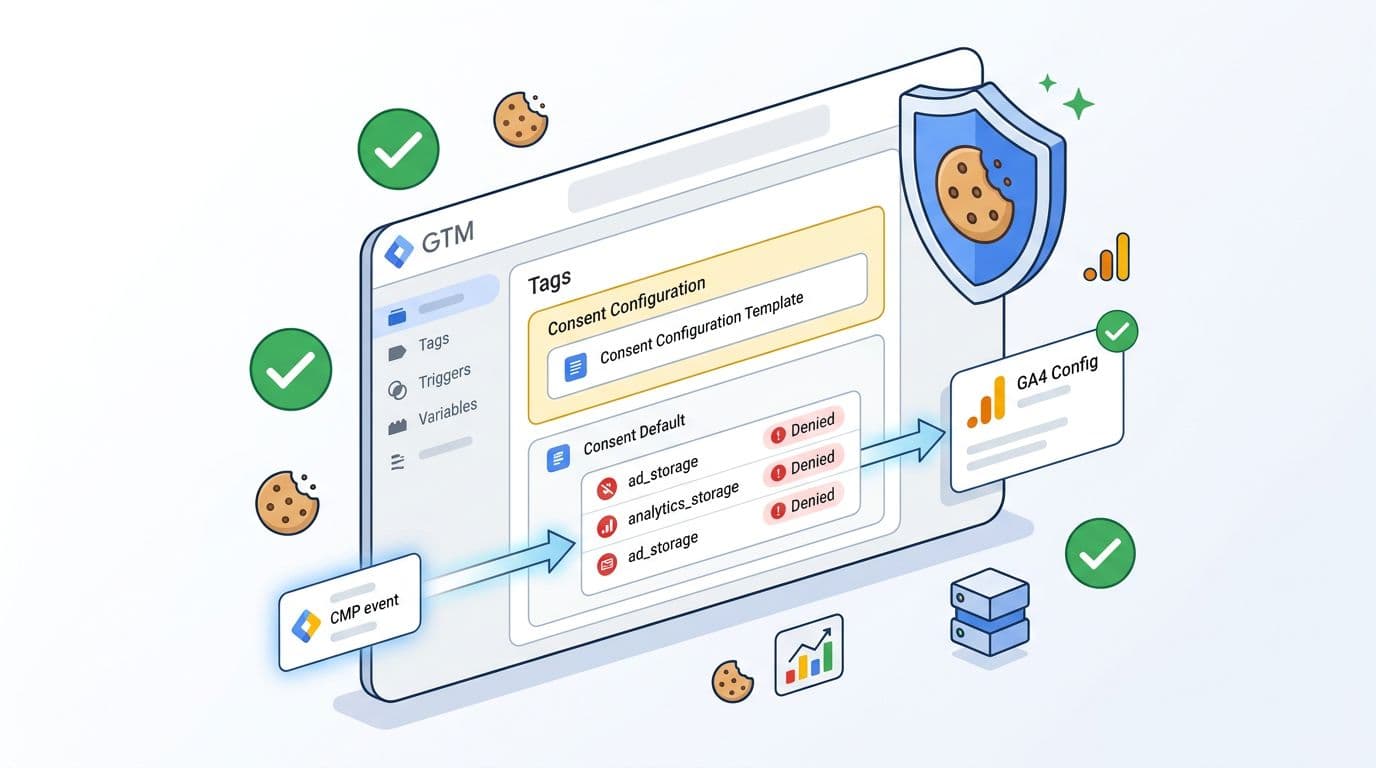 Clean, modern hero illustration of GTM panel with consent configuration template, default denied settings, triggers to GA4 tag and CMP event, featuring cookie shield, checkmarks, and data flow icons in flat-isometric style.