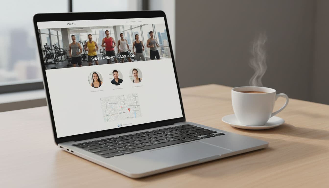 Laptop on desk displays clean gym franchise landing page with local photos, testimonials, and map embed; coffee mug nearby.