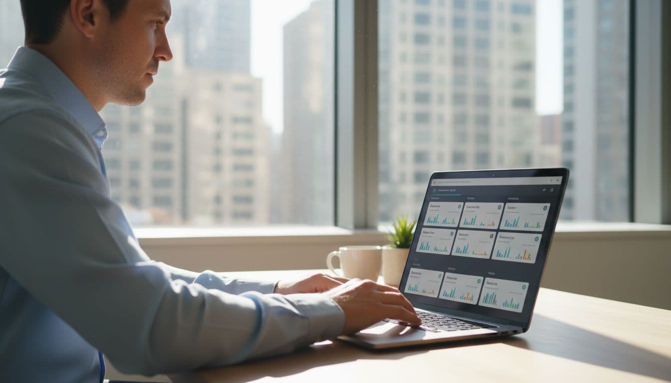 Manager in modern office views laptop dashboard showing metrics for multiple franchise Google Business Profiles.