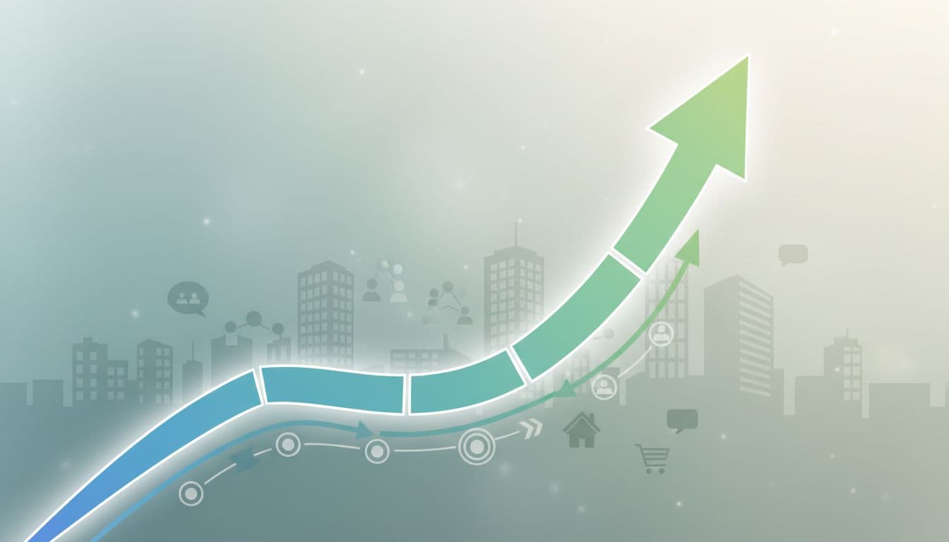 A rising upward trend line overlays soft silhouettes of buildings and community icons.