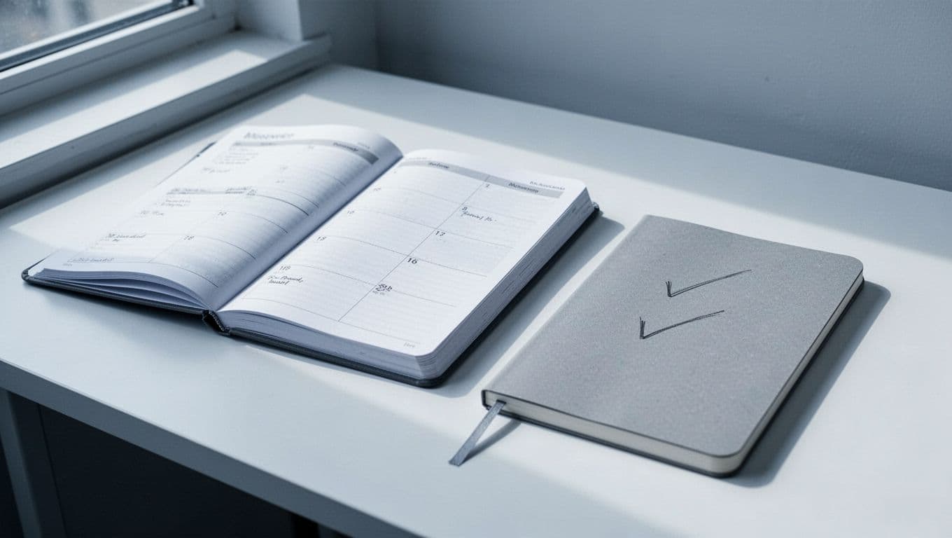 A clean graphic features a calendar icon and a checklist on a blue and white background.