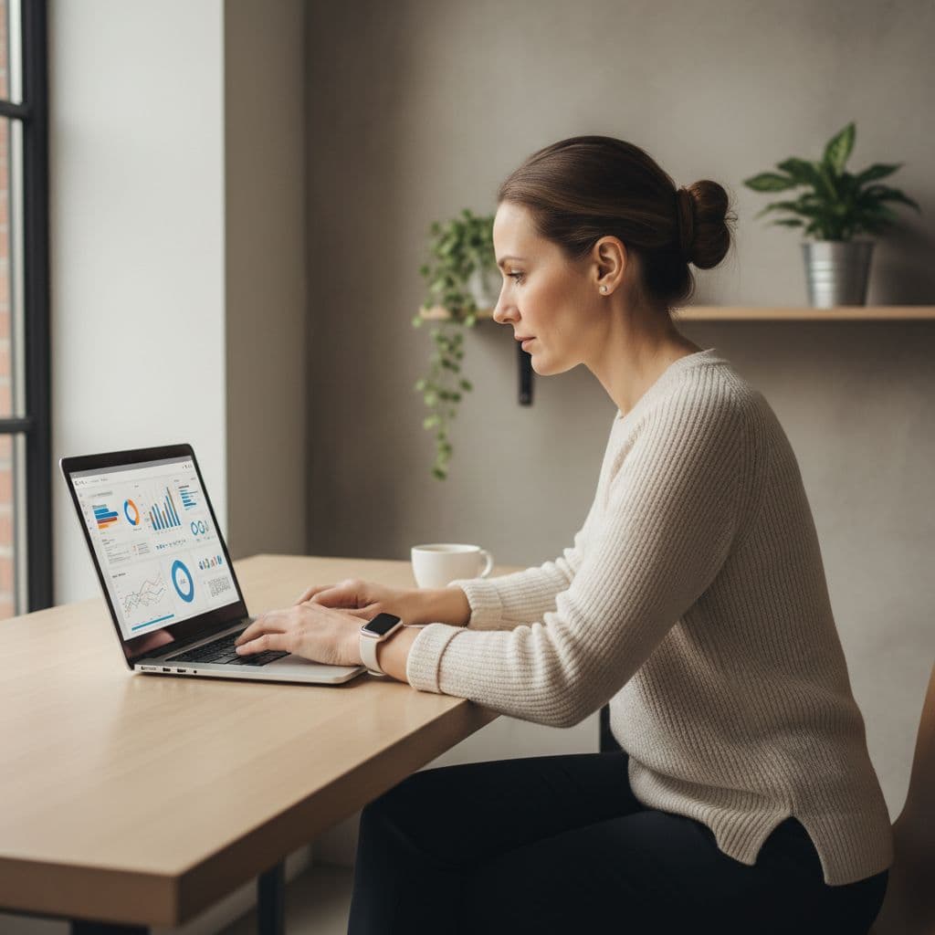 A professional business owner sits at a minimalist wooden desk, intently reviewing feedback on a laptop screen. The bright, neutral office space is filled with soft natural daylight during the day.