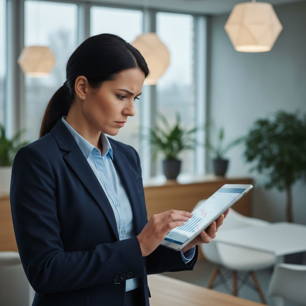 A business owner reviews data on a tablet screen inside a modern professional office.