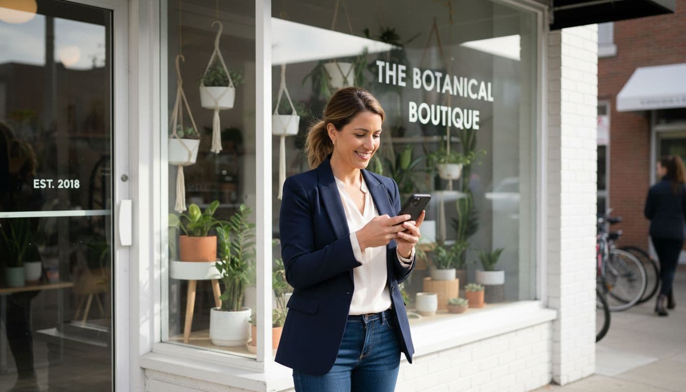 A business owner stands outside their storefront checking updates on a smartphone during the day.