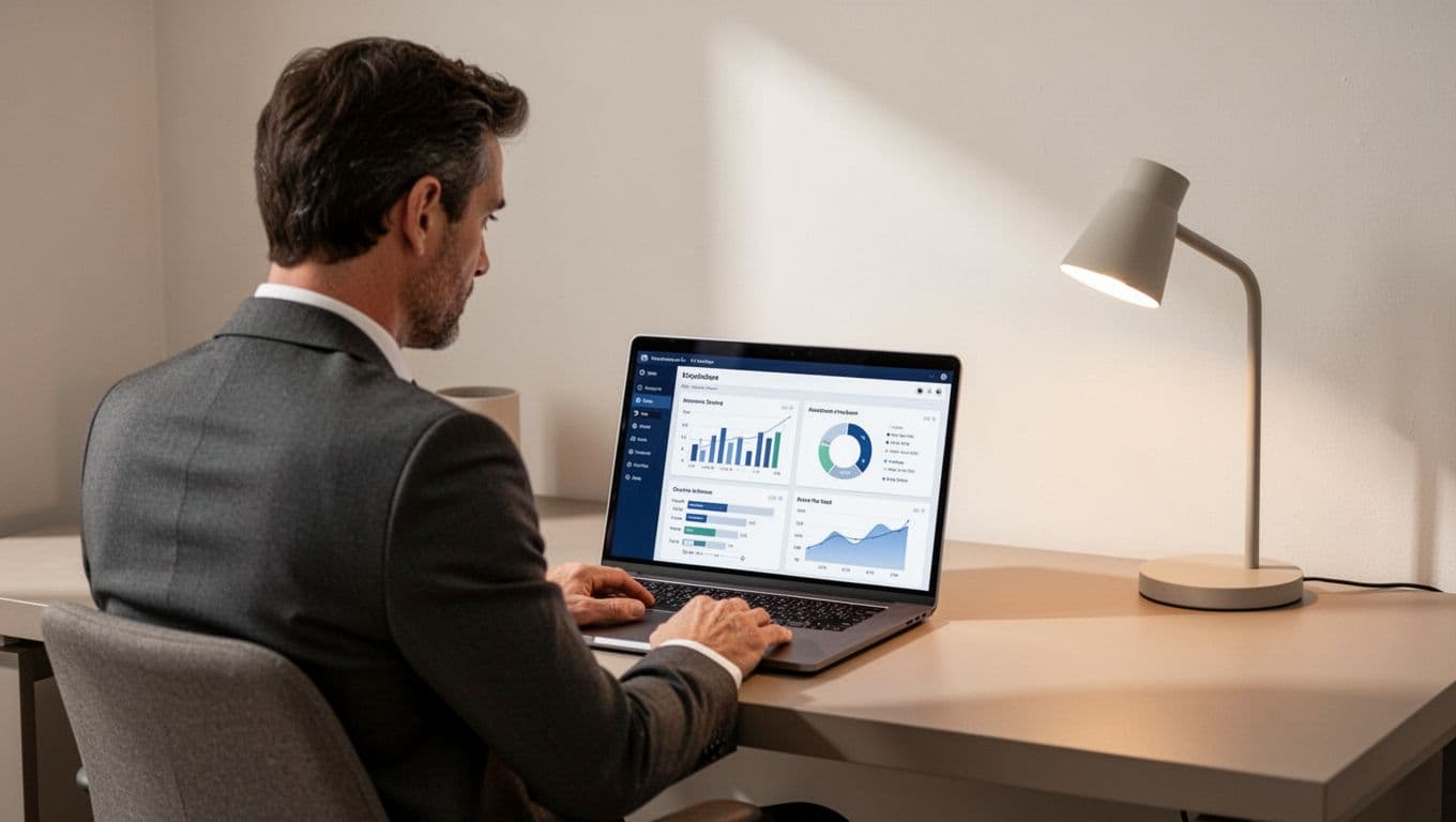 A person sits at a desk viewing a business management dashboard on an open laptop.