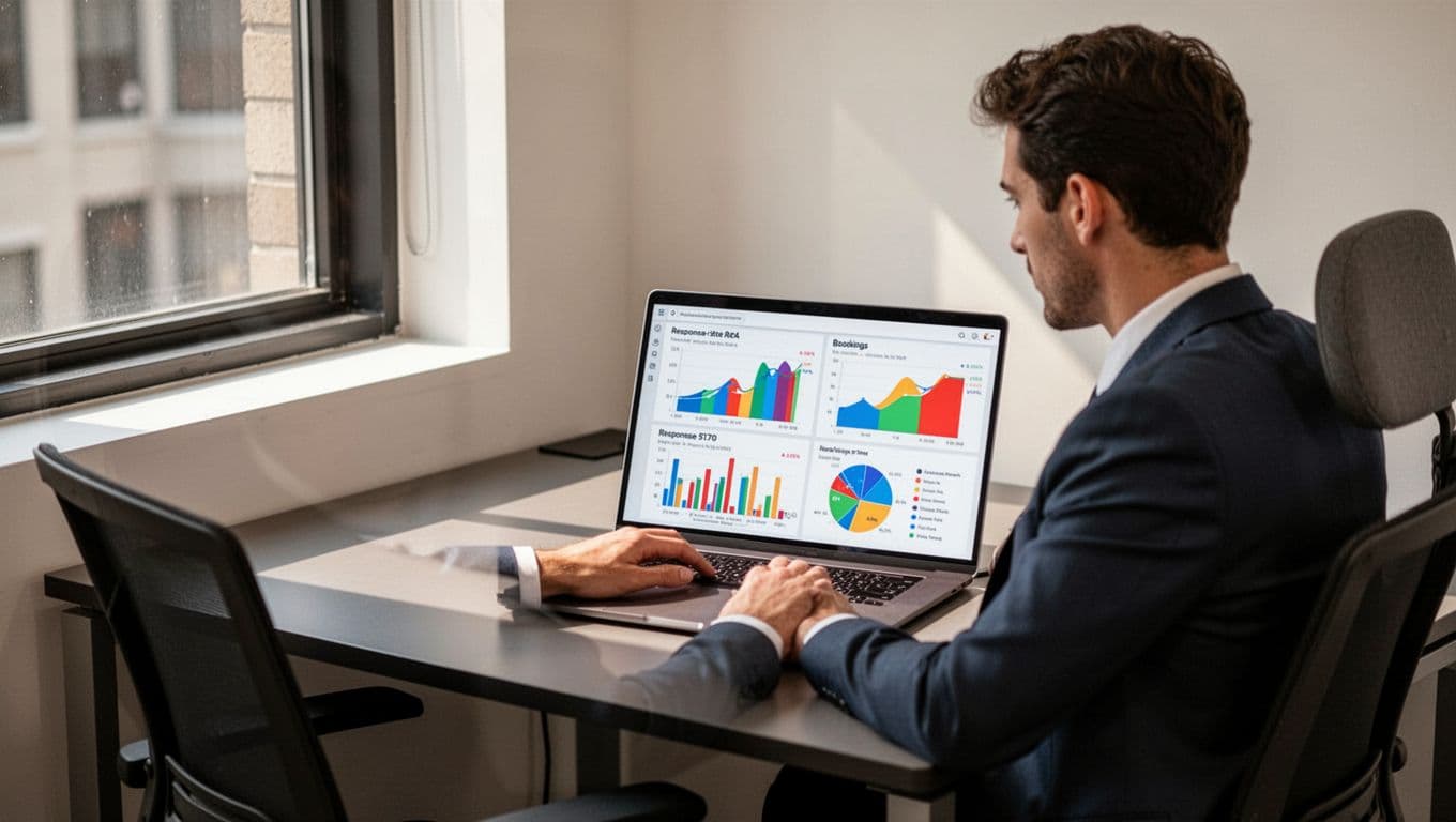 Business owner in small office views laptop charts of text back response rates and bookings.