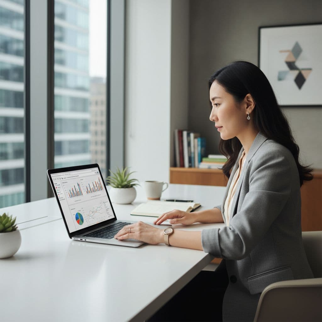 A focused professional sits at a clean desk looking at a laptop in a bright office.