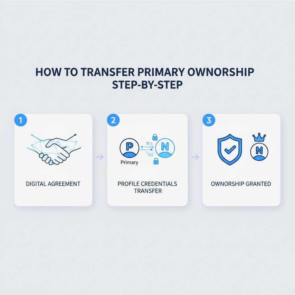 A modern interface displays a digital handshake icon connected to a profile credential icon. Sleek lines and a blue and gray color palette clearly visualize the secure transfer of professional account ownership.