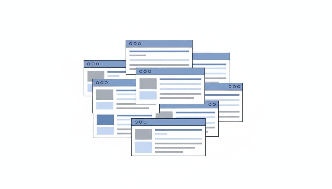 A digital illustration displays multiple overlapping web browser windows to represent competing search engine results.