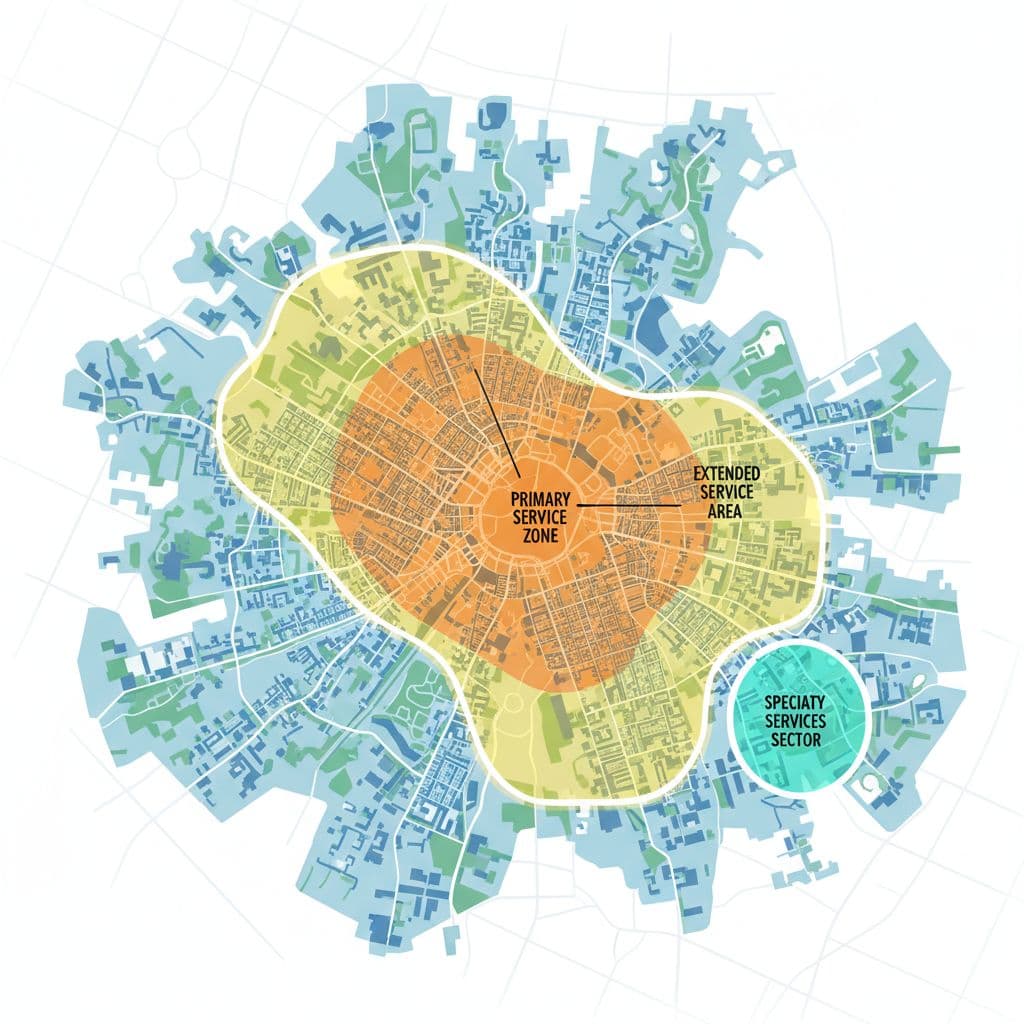 A stylized graphic displays a vibrant city grid featuring distinct neighborhoods highlighted in varied colors. Bright zones indicate operational boundaries, providing a clear visual representation for logistical planning and home service distribution.