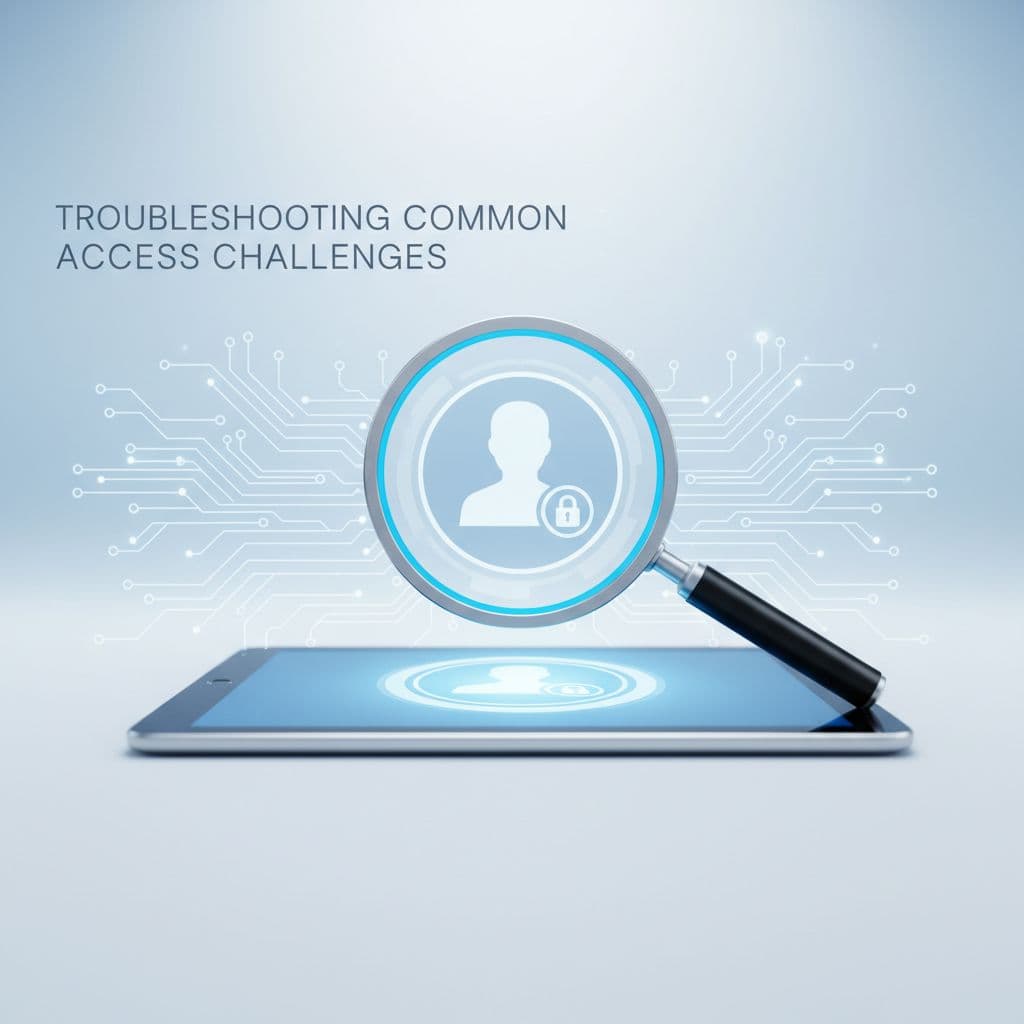 A metallic magnifying glass hovers over a glowing blue silhouette icon representing a user profile. Subtle digital circuit patterns glow softly in the background to illustrate complex account permission systems.