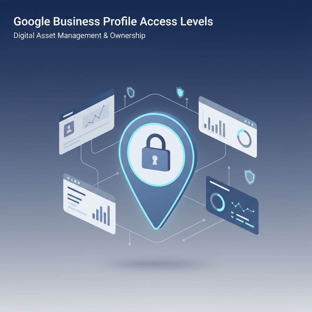 A stylized map pin features a prominent central padlock icon, surrounded by floating interface panels and subtle data widgets. Soft blue and gray gradients create a clean, professional dashboard aesthetic.