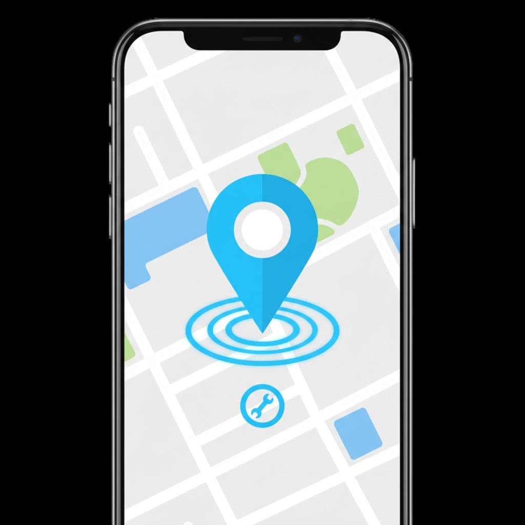 A minimalist graphic features a digital map pin centered on a smartphone screen.