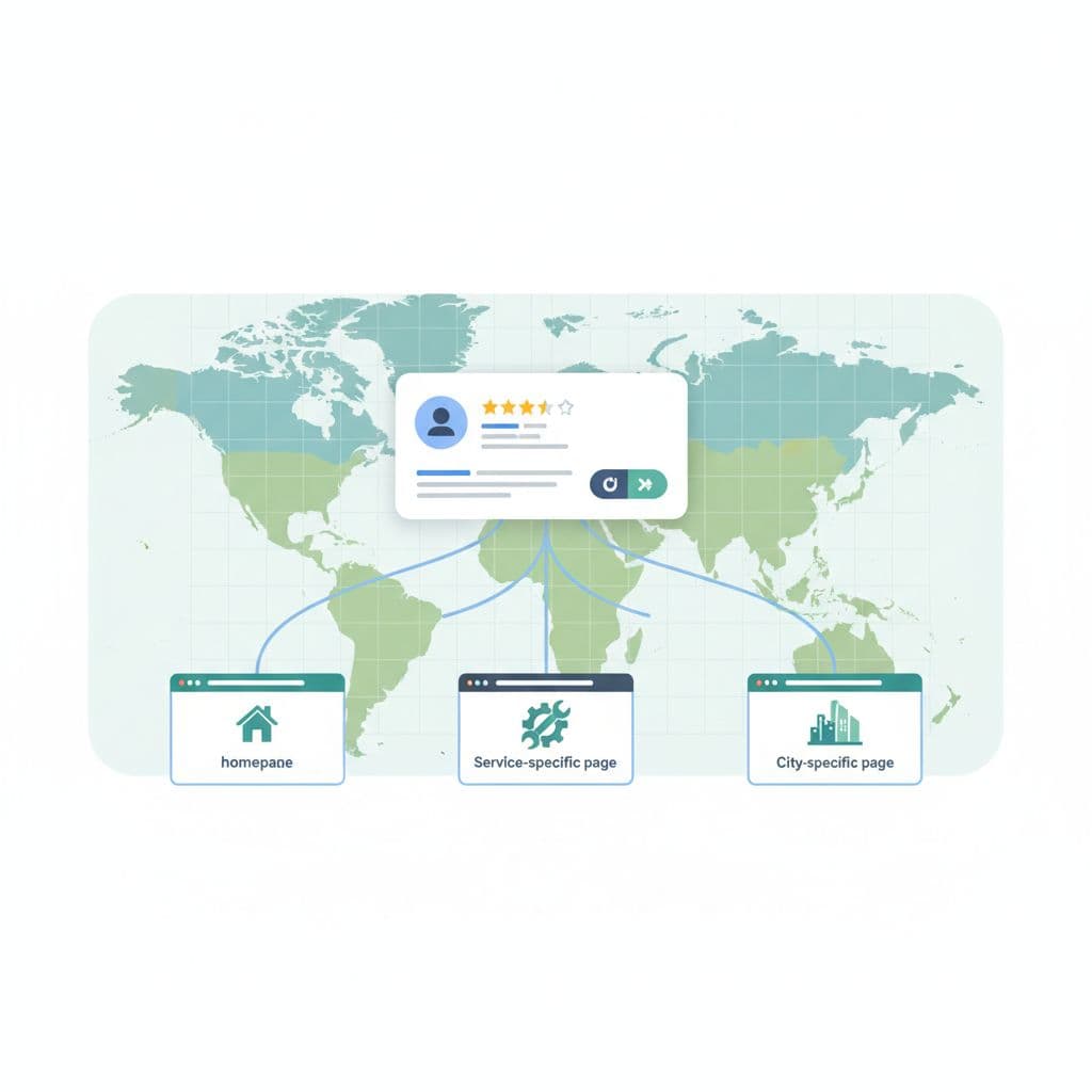 A digital illustration displays a central business card icon linked by clean lines to three distinct landing page markers on a stylized map interface, highlighting strategic web navigation and visitor routing.