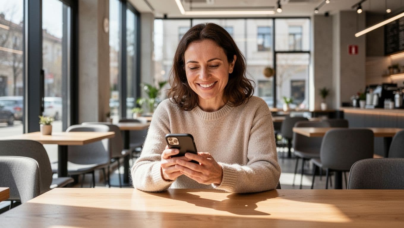 A smiling customer sits in a modern cafe looking at a smartphone screen.