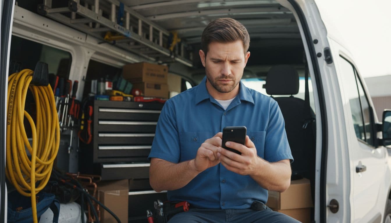 HVAC technician in service van views missed call notification on smartphone, tools in background.