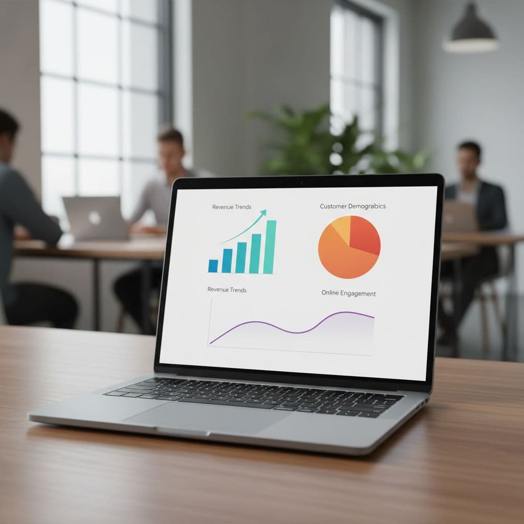 A laptop screen displays a simplified data analytics dashboard with a blurred office background.