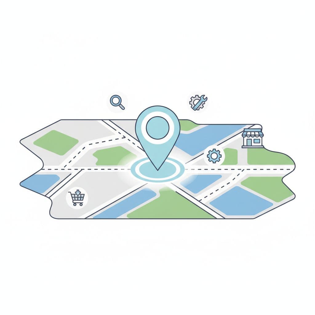 A stylized map features a prominent location pin surrounded by minimalist icons for search and digital tools.