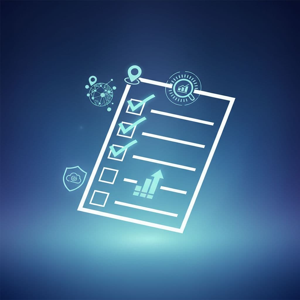 A clean graphic displays a vertical checklist featuring several illuminated checkmarks alongside abstract business icons. Soft ambient lighting highlights the professional layout, emphasizing efficiency and organized strategic planning for small businesses.