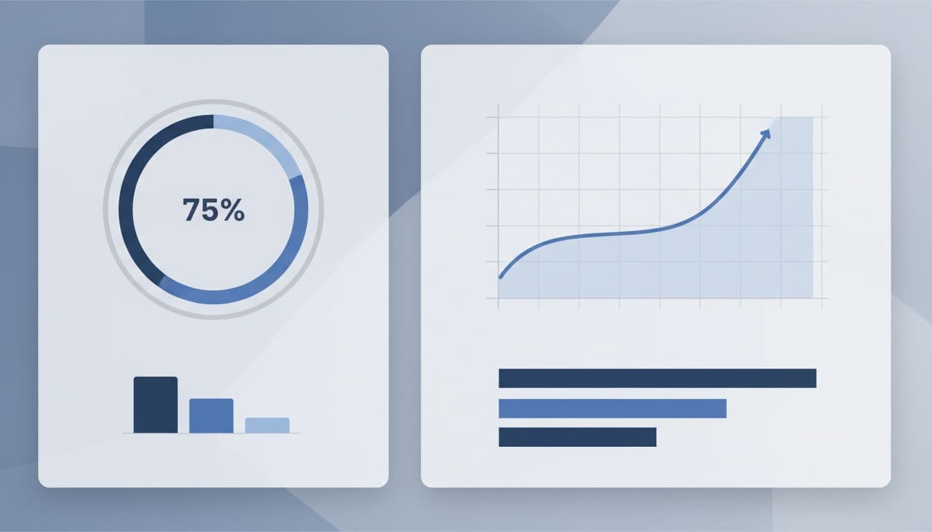 A clean digital interface displays organized analytical charts in professional blue and gray tones.