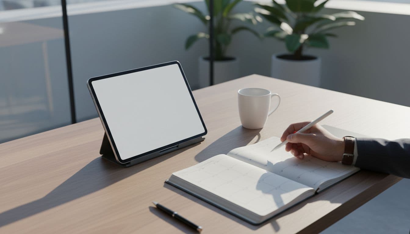 A well-organized desk features a digital tablet and planner under bright morning light.
