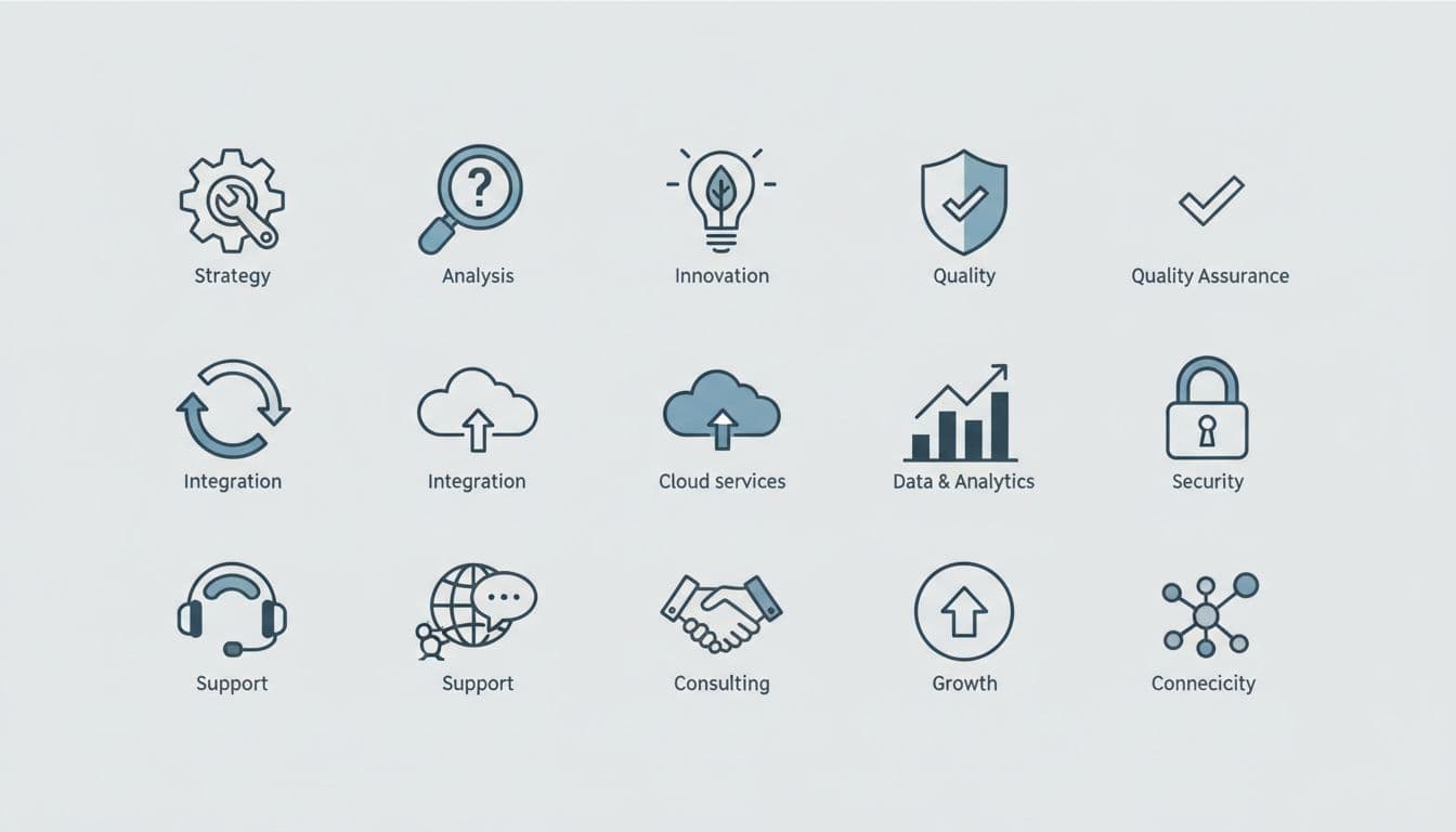 A set of simple, professional line icons arranged neatly against a clean neutral background.