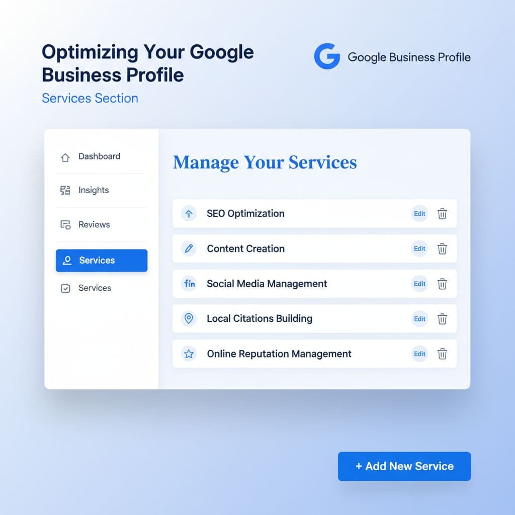 A clean, minimalist dashboard UI displays a professional list of services in blue and white tones.