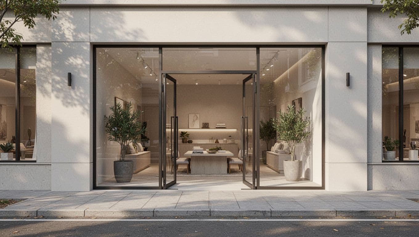 A clean, well-maintained modern storefront features an open entrance bathed in soft natural daylight.