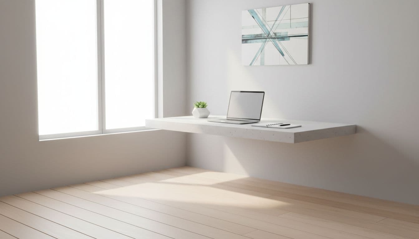A clean, minimalist desk features a laptop and notepad illuminated by bright natural light.
