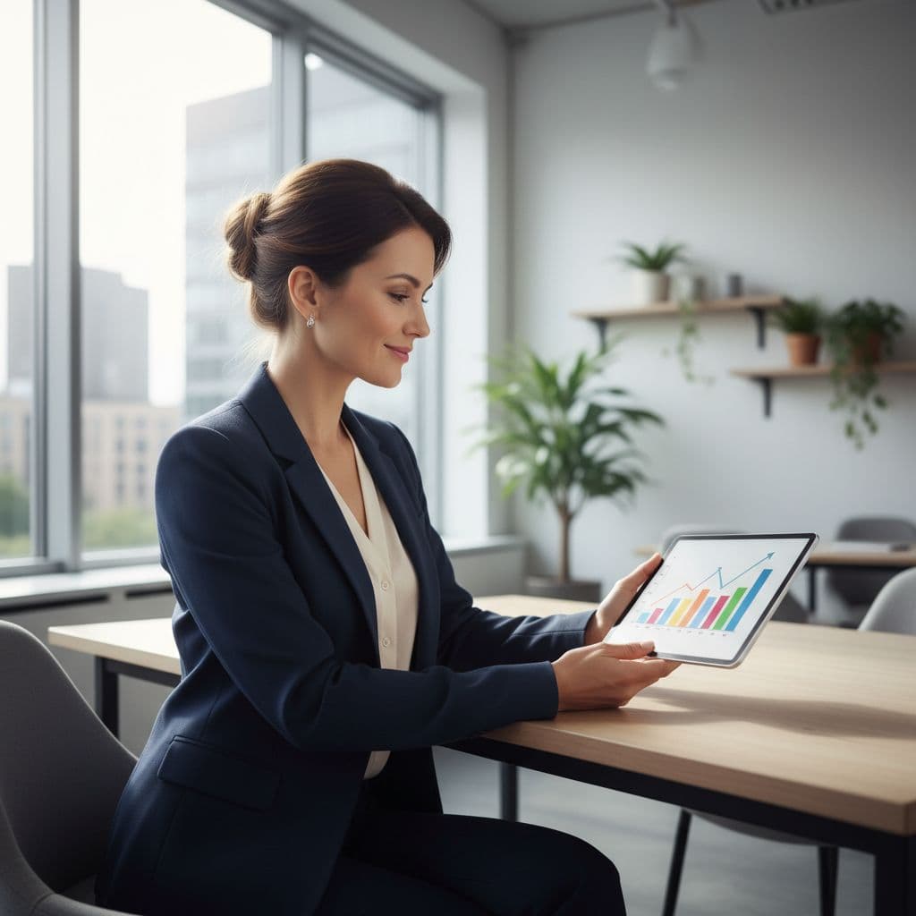 A calm professional sits at a clean wooden desk, holding a tablet that displays colorful data charts. Soft morning light streams through large windows, highlighting the minimalist and modern office space.