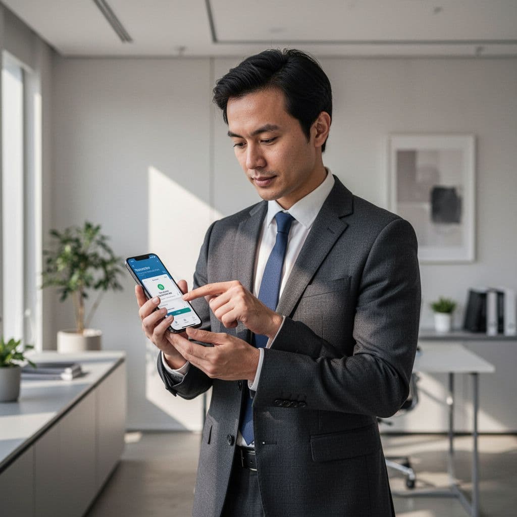 A person in a modern office uses their smartphone to book an appointment.