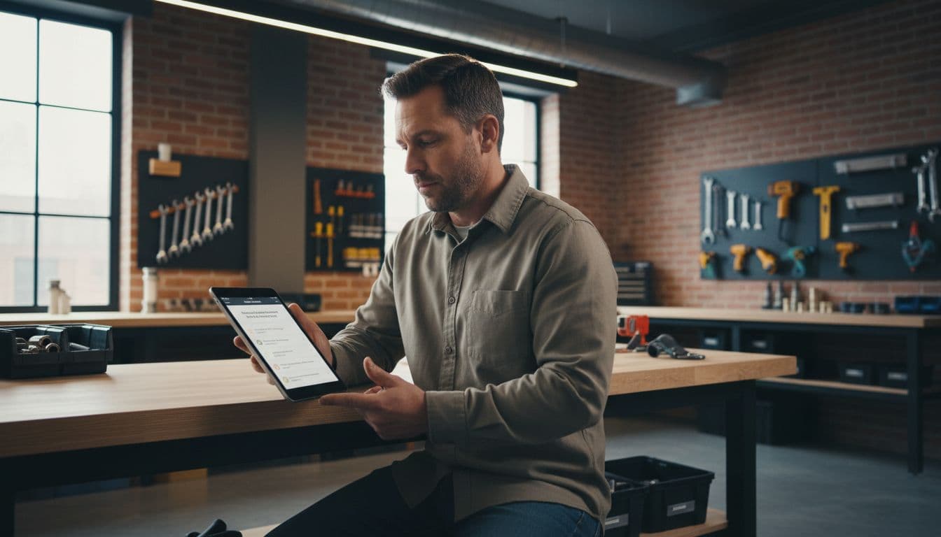 Plumber at workbench reviews text response options on tablet amid organized tools.
