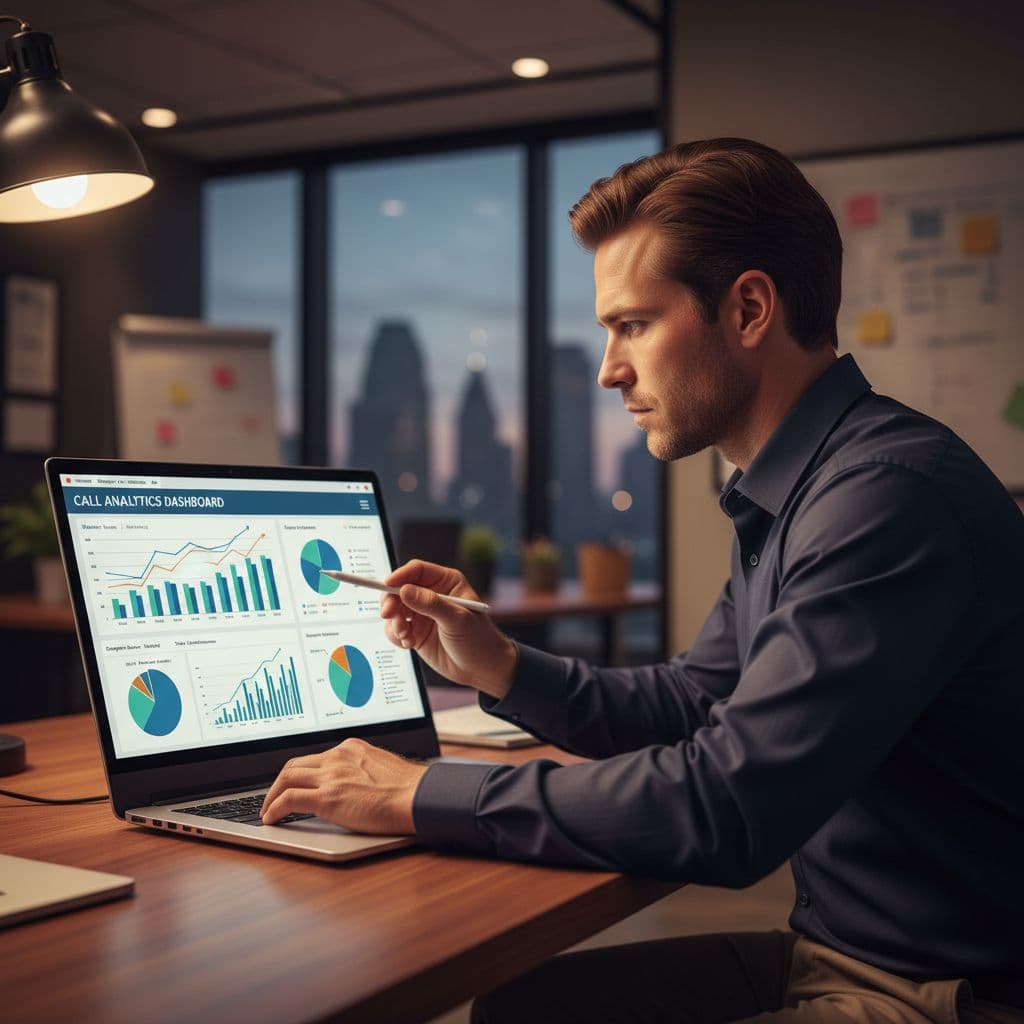A person sits at a desk focusing on digital charts and marketing analytics on a laptop screen.