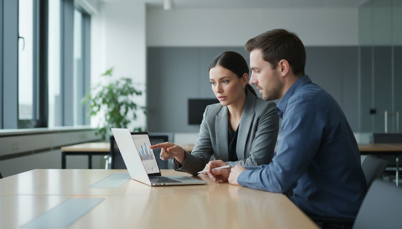 Two professionals discuss business strategies while looking at a laptop screen in a modern office.