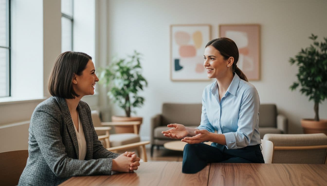 A professional in casual business attire smiles while speaking with a client in a bright office.