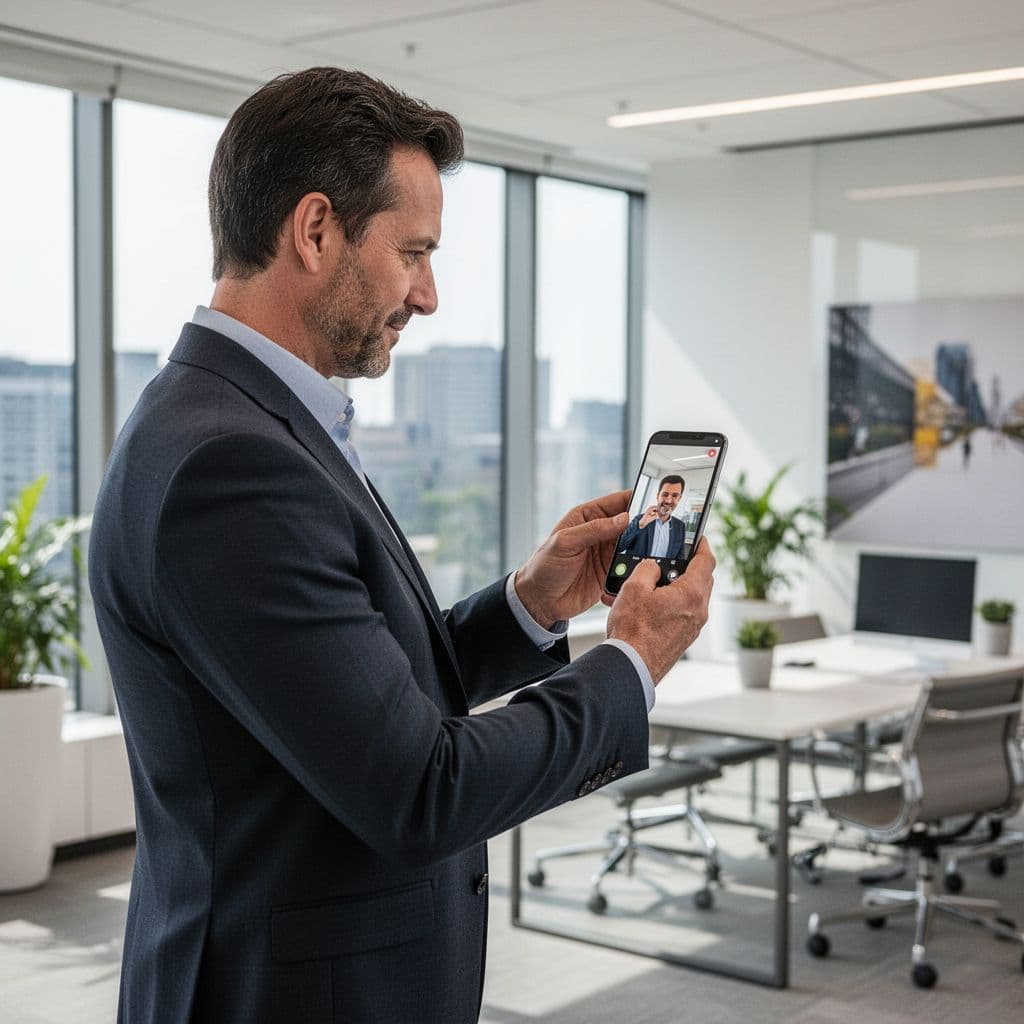 A professional stands in a modern office reviewing a marketing video clip on their smartphone.