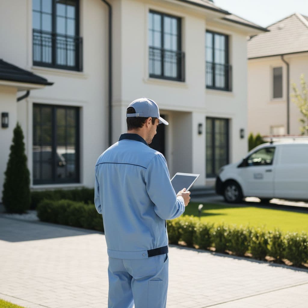 A field technician dressed in a crisp, clean uniform stands on a manicured residential lawn. He holds a digital tablet near the entryway of a suburban home under bright daylight conditions.