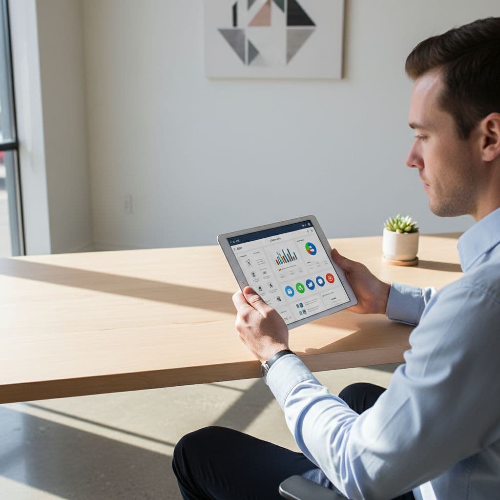 A person sits at a bright desk focused on a tablet in a sunlit office.