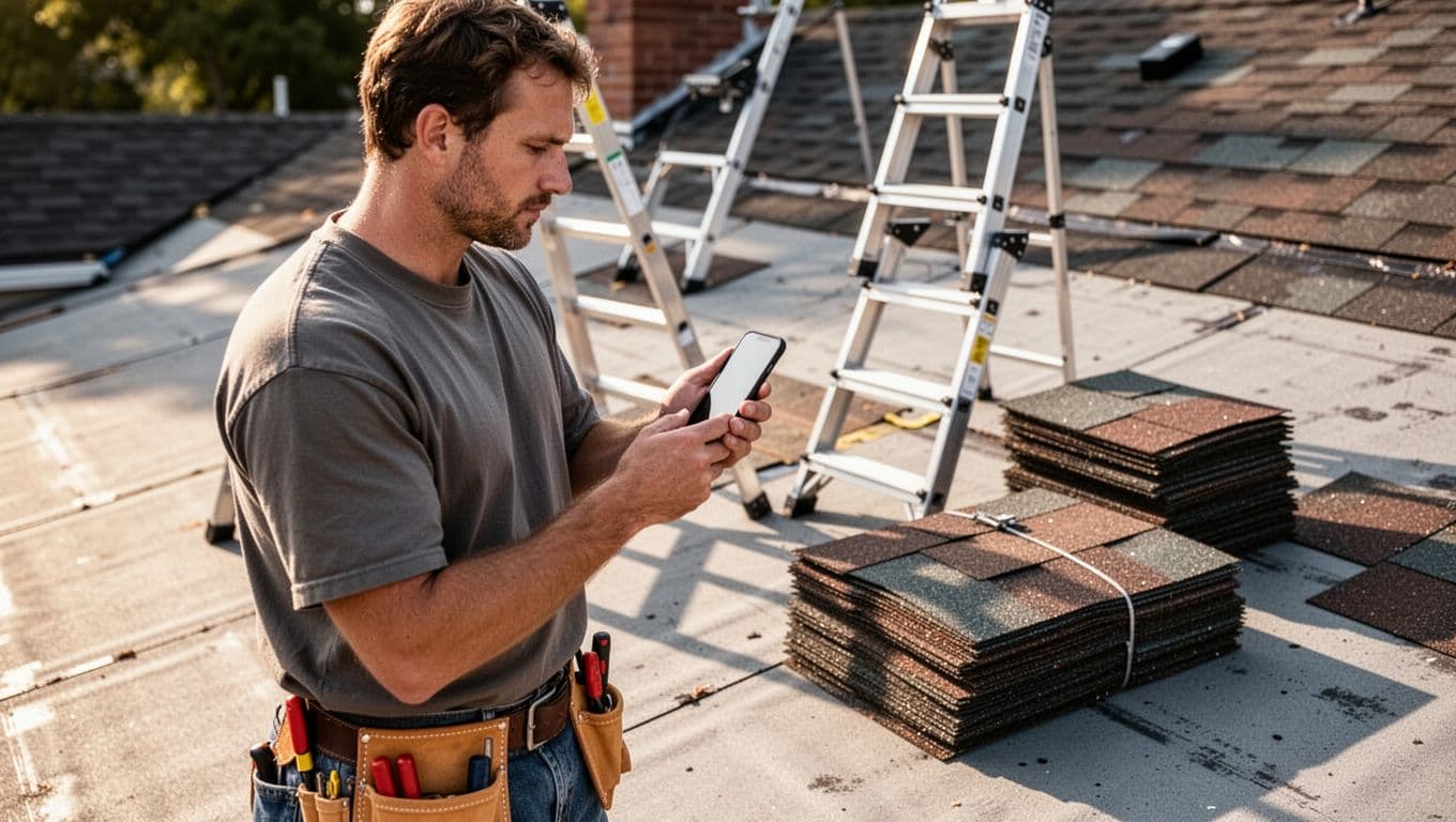 Roofing contractor holds smartphone showing missed call reply template on sunny job site with ladder and materials nearby.