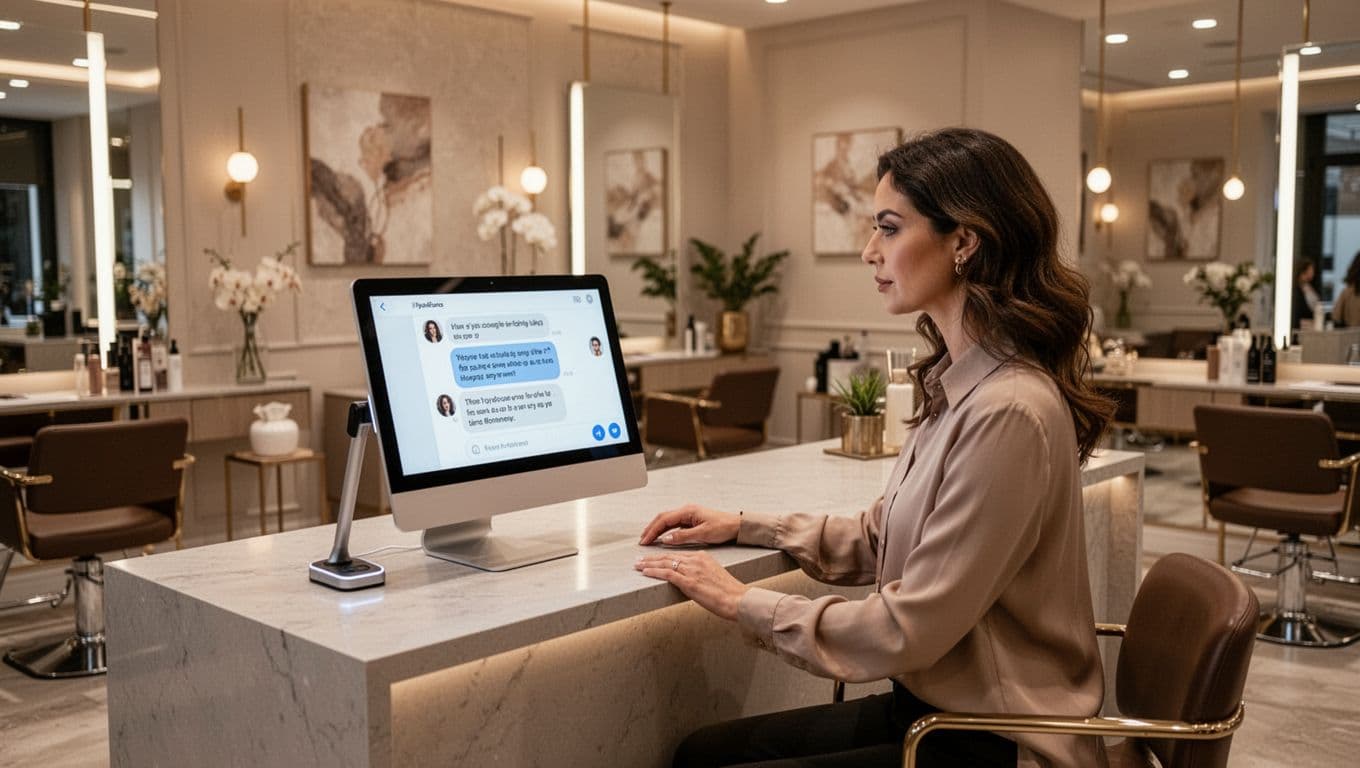 Salon owner sits relaxed at reception desk with hands near computer showing chat conversation in stylish interior.