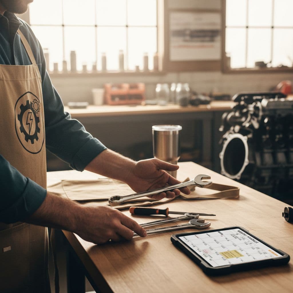 A business owner displays organized professional tools and a work calendar inside a bright, clean workshop.
