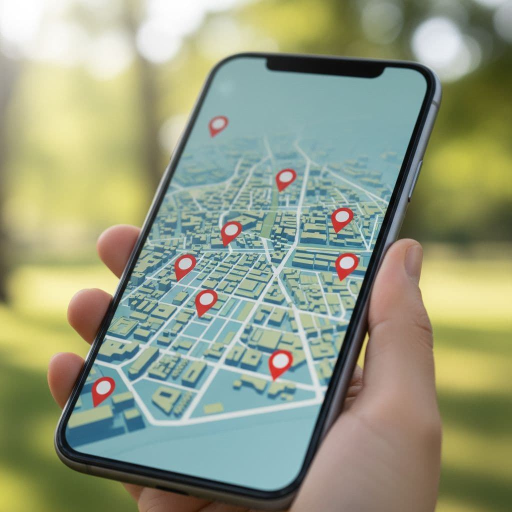 A close-up view of a smartphone screen showing a digital map interface with various location pins.