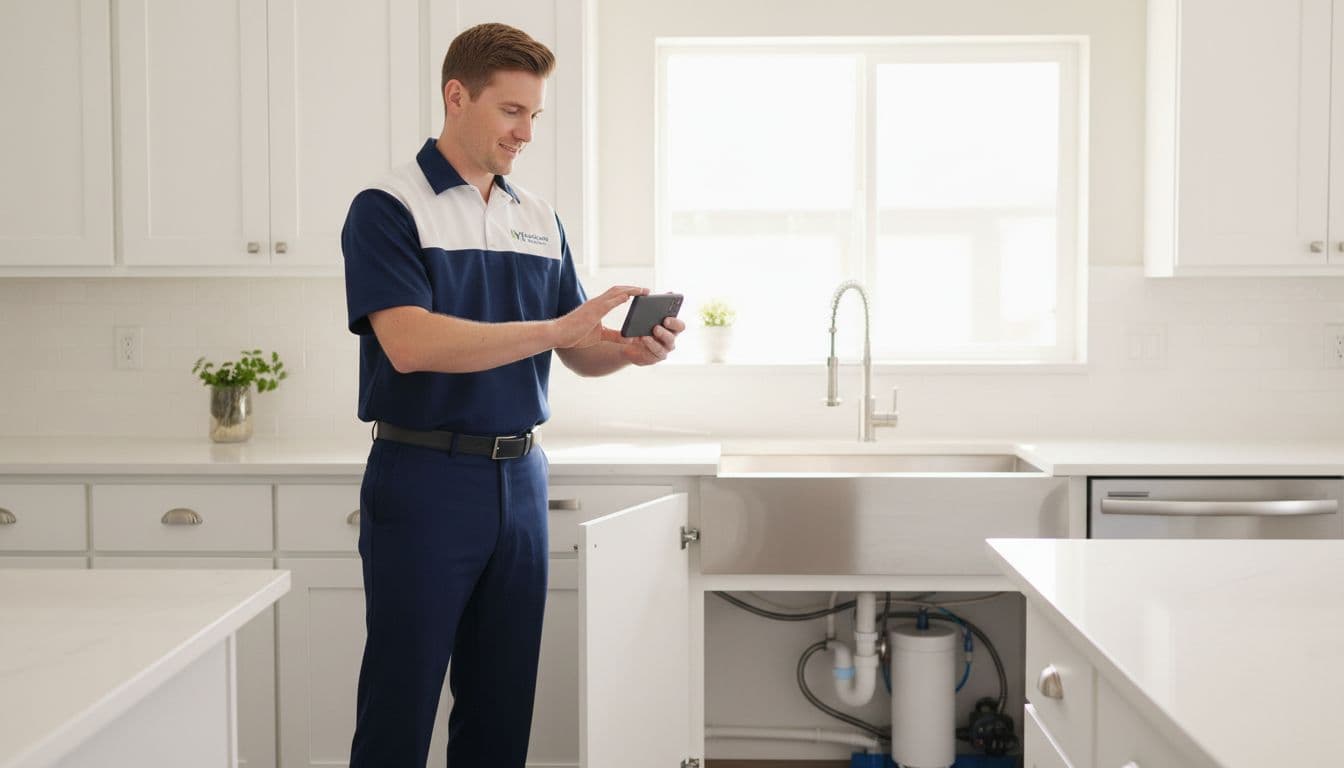 A service professional in uniform uses a smartphone to photograph a renovated residential kitchen.