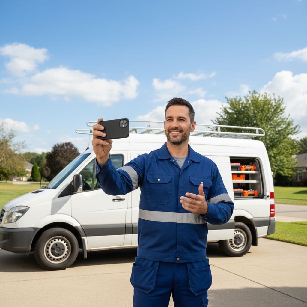A technician holds a smartphone to film a video in front of a service van outdoors.