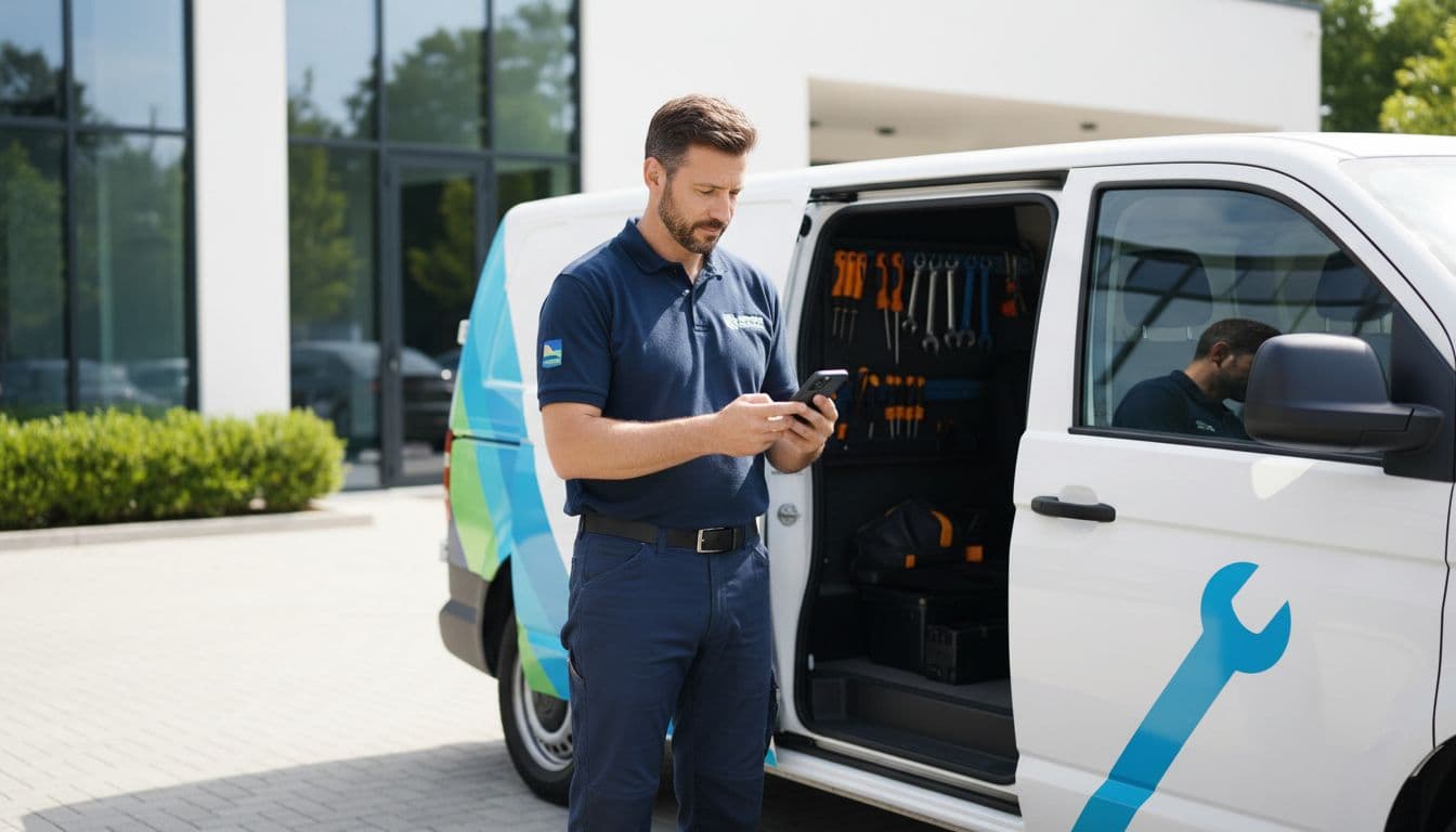 A technician stands by a work van while checking his mobile phone.